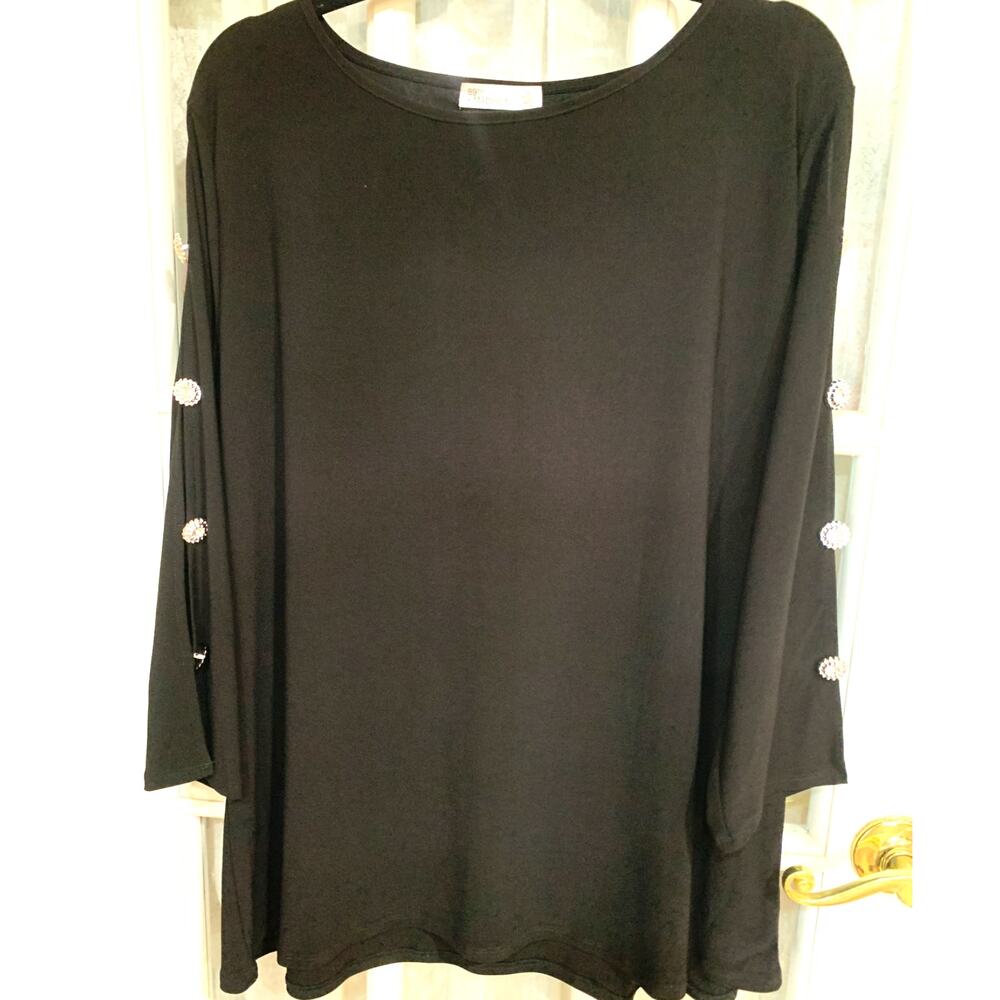 89TH + MADISON BLACK POLYESTER RHINESTONE BUTTON 3/4 SLEEVES PLUS SIZE 3X